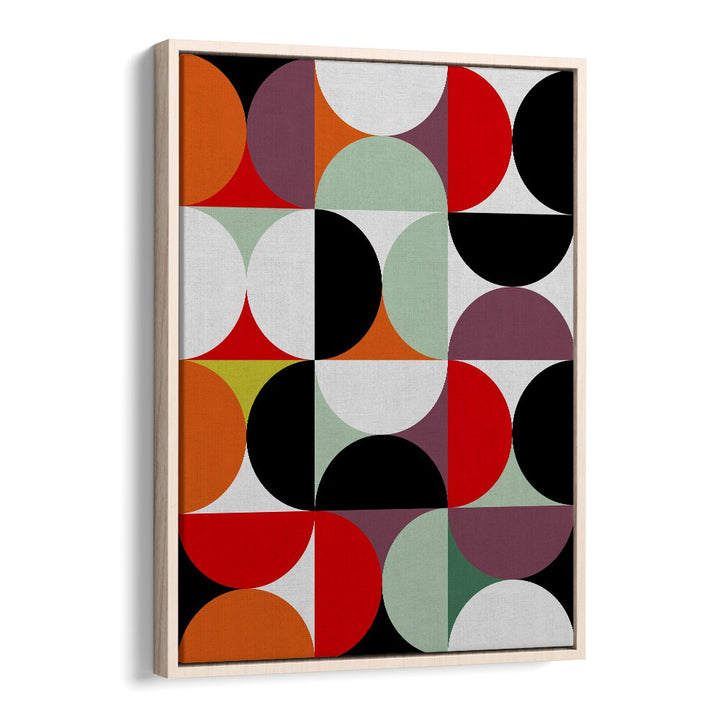 Colorful geometric design in a floater frame, showcasing MID CENTURY I, ABSTRACT PAINTINGS by Ana Rut Bre.