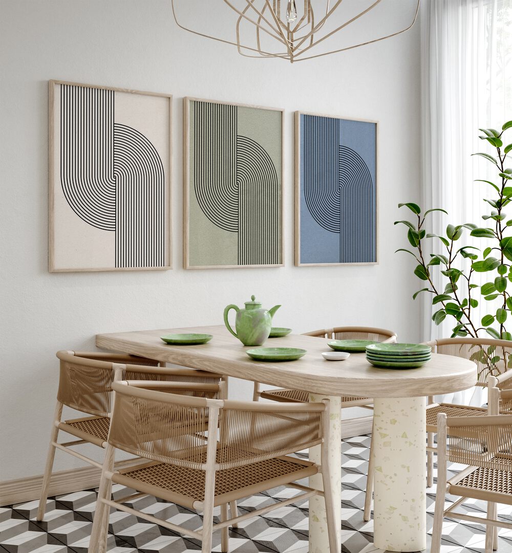 Stylish dining area showcasing the MID CENTURY MODERN COMPOSITION SET, SET OF 3 PAINTINGS for contemporary decor.