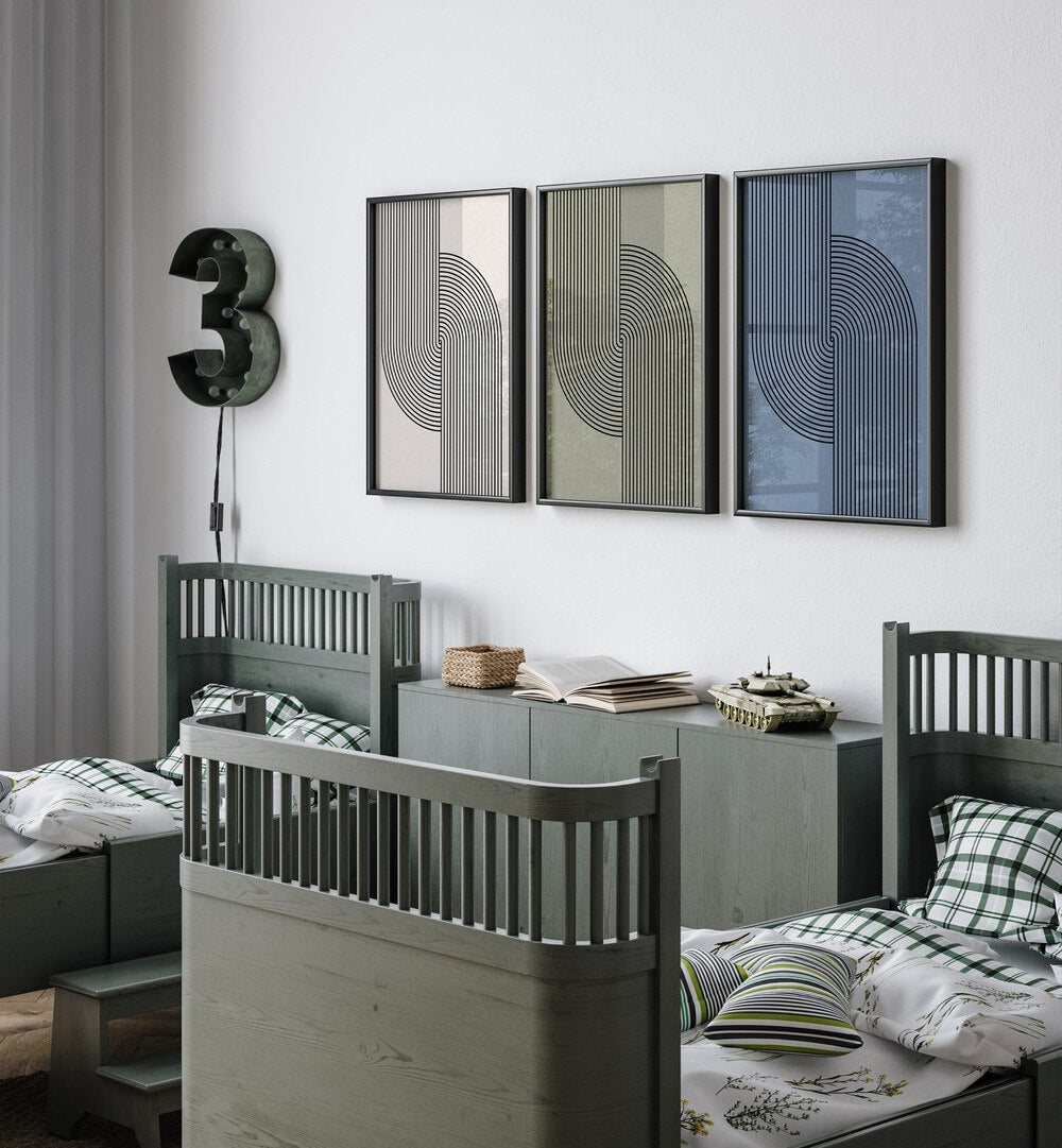 Stunning MID CENTURY MODERN COMPOSITION SET, SET OF 3 PAINTINGS enhancing a stylish bedroom decor.