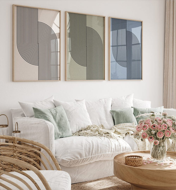 Elevate your decor with the MID CENTURY MODERN COMPOSITION SET, SET OF 3 PAINTINGS showcasing stylish geometric designs.