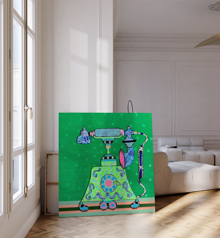 Colorful MIDNIGHT CALL, POP ART PAINTINGS featuring a retro phone, perfect for modern home decor elegance.