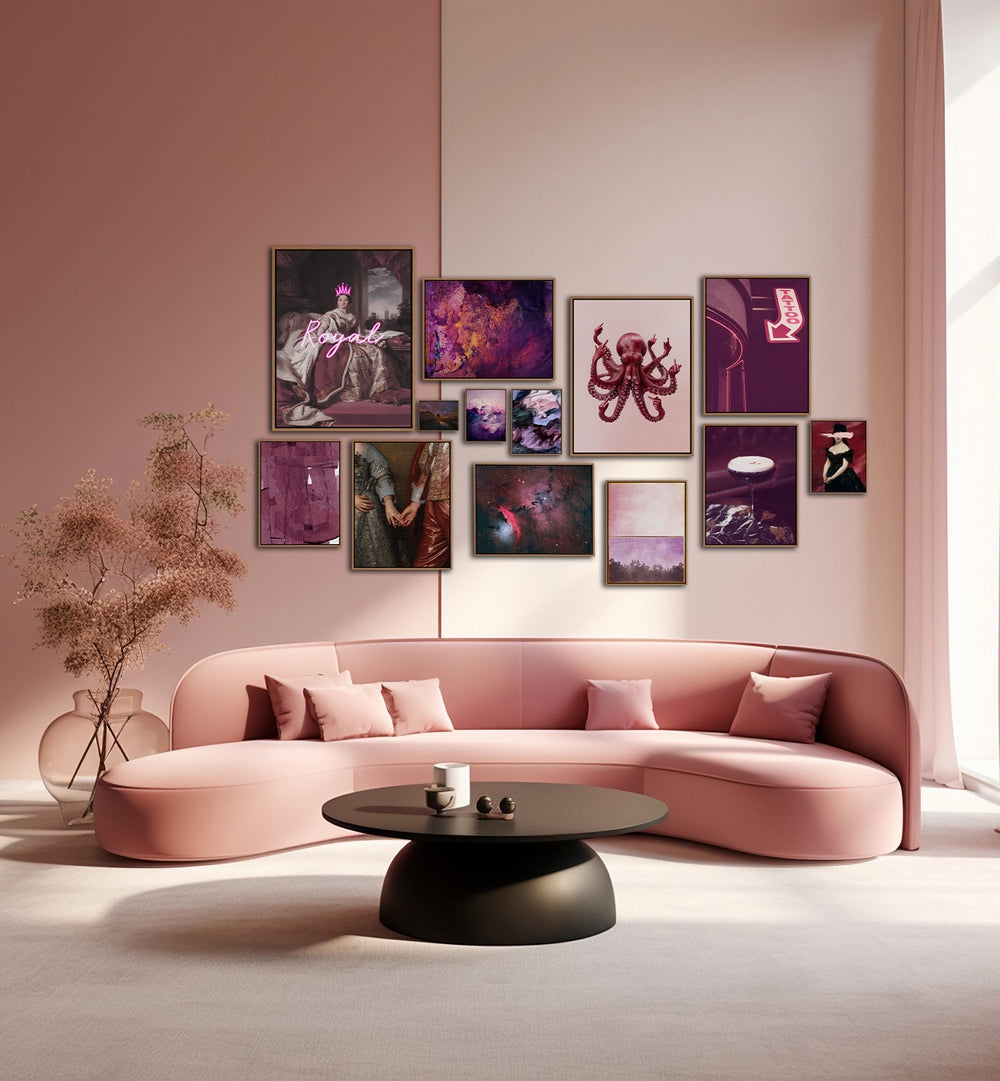 Stylish MIDNIGHT PLUM GALLERY WALL featuring framed art prints in vibrant pink and purple hues for elegant gallery walls.