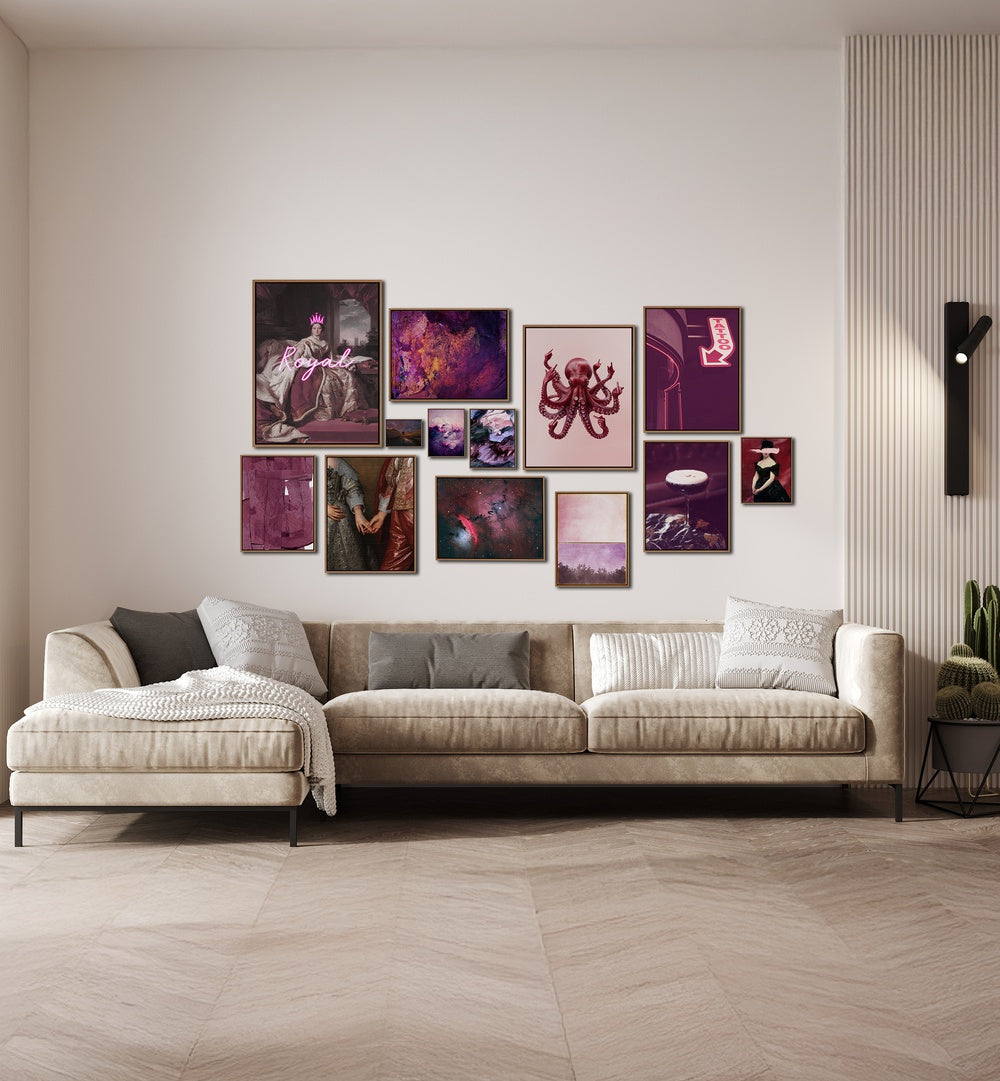 Elegant MIDNIGHT PLUM GALLERY WALL showcasing framed art prints in pink and purple hues for stunning gallery walls.