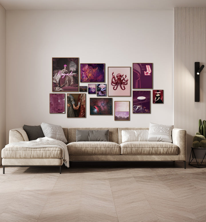Elegant MIDNIGHT PLUM GALLERY WALL showcasing framed art prints in pink and purple hues for stunning gallery walls.