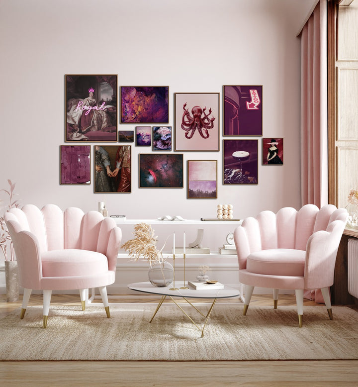 Elevate your space with the MIDNIGHT PLUM GALLERY WALL, featuring vibrant pink and purple framed art prints.