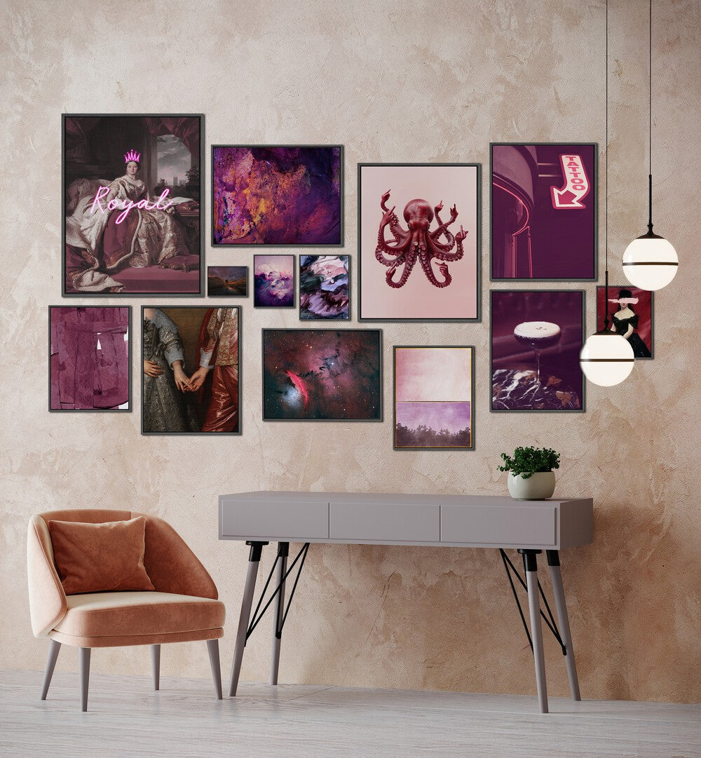 Elegant MIDNIGHT PLUM GALLERY WALL showcasing framed prints in pink and purple hues, perfect for stylish gallery walls.