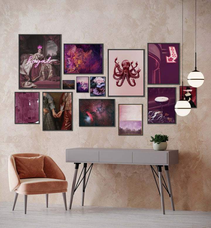 Elegant MIDNIGHT PLUM GALLERY WALL showcasing framed prints in pink and purple hues, perfect for stylish gallery walls.