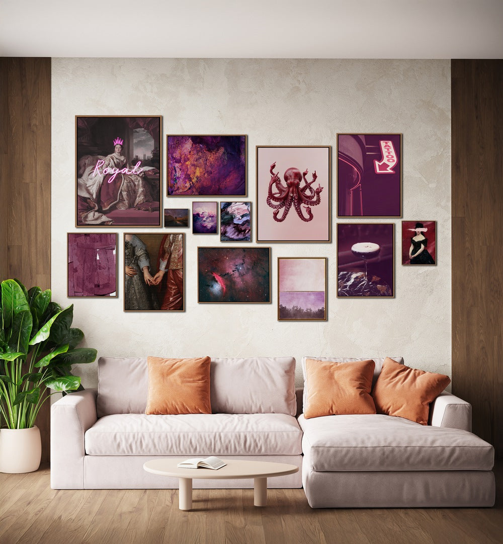 Elevate your space with the MIDNIGHT PLUM GALLERY WALL, showcasing vibrant art prints in pink and purple hues.
