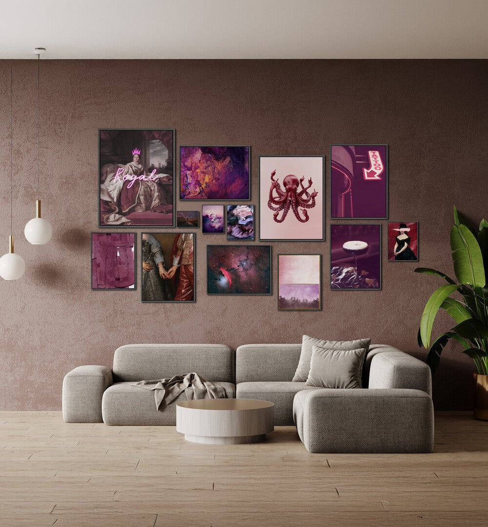 Elegant MIDNIGHT PLUM GALLERY WALL showcasing framed art prints in striking pink and purple hues for stunning gallery walls.