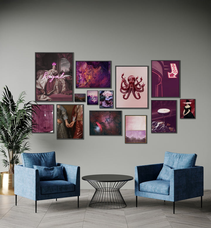 Elegant MIDNIGHT PLUM GALLERY WALL showcasing framed art prints in pink and purple hues, perfect for gallery walls.