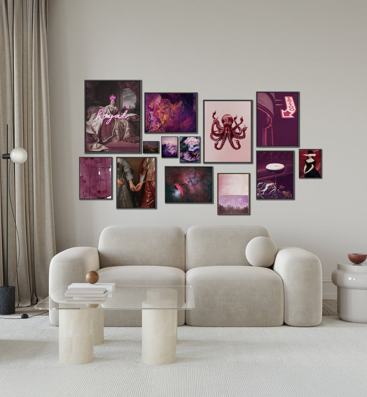 Elegant MIDNIGHT PLUM GALLERY WALL showcases striking pink and purple art prints, perfect for modern gallery walls.