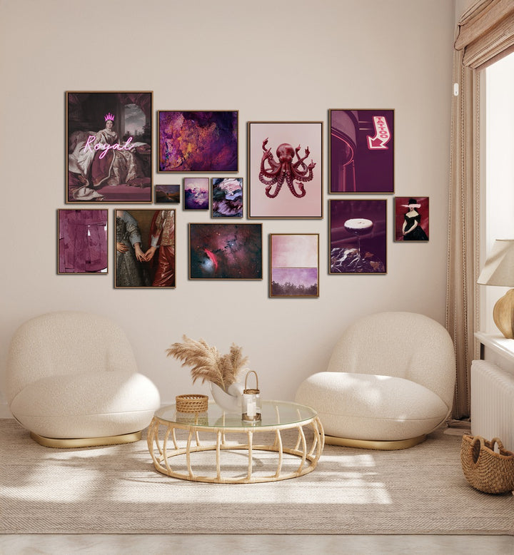 Elegant MIDNIGHT PLUM GALLERY WALL showcasing vibrant pink and purple framed art prints, perfect for stylish gallery walls.