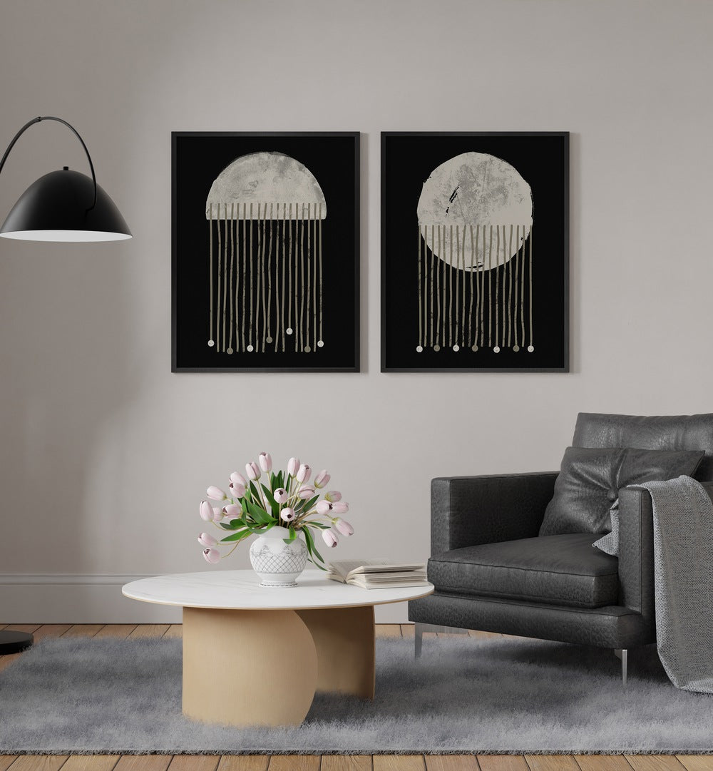 Elevate your decor with the MIDNIGHT WHISPERS ABSTRACTION SET, SET OF 2 PAINTINGS featuring striking abstract designs.