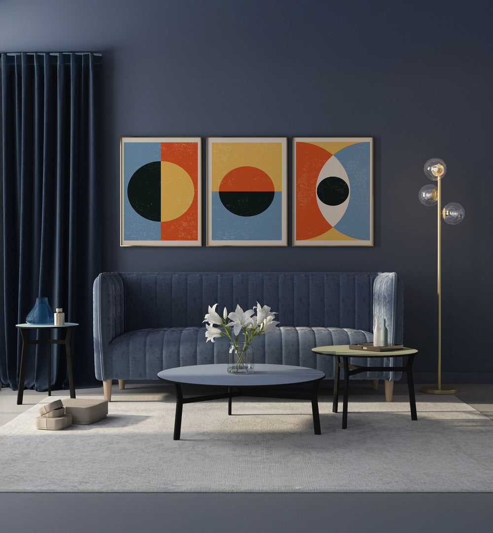 Enhance your decor with the MINIMAL ABSTRACT SHAPES SET, SET OF 3 PAINTINGS, perfect for modern interiors.