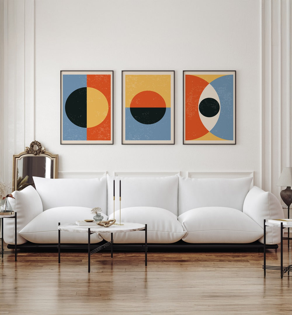Enhance your decor with the MINIMAL ABSTRACT SHAPES SET, SET OF 3 PAINTINGS, perfect for modern interiors.