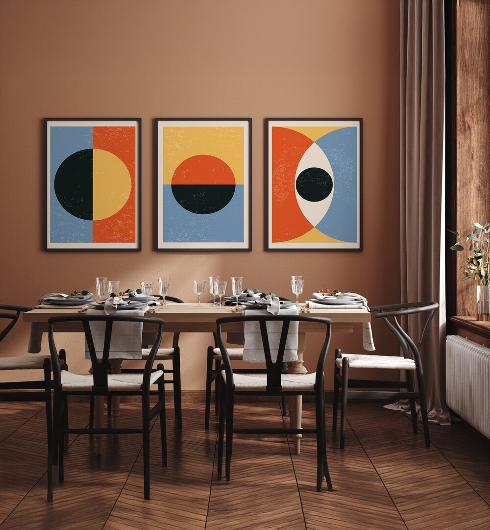 Enhance your decor with the MINIMAL ABSTRACT SHAPES SET, SET OF 3 PAINTINGS, perfect for any modern space.