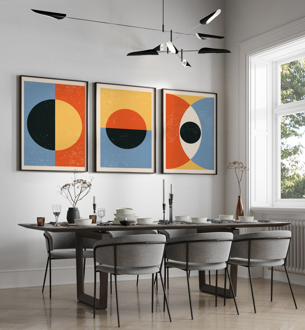 Enhance your decor with the MINIMAL ABSTRACT SHAPES SET, SET OF 3 PAINTINGS, perfect for modern interiors.