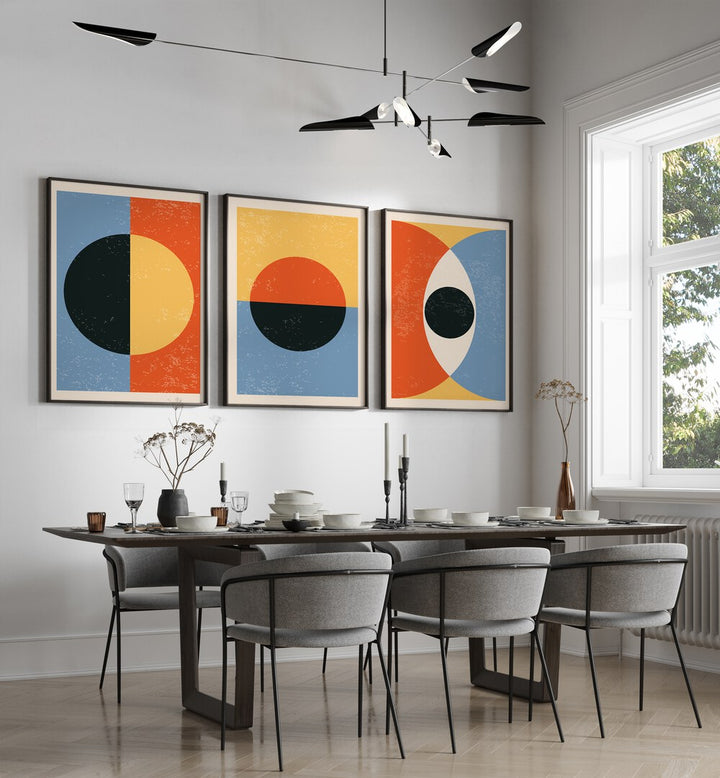 Enhance your decor with the MINIMAL ABSTRACT SHAPES SET, SET OF 3 PAINTINGS, perfect for modern interiors.