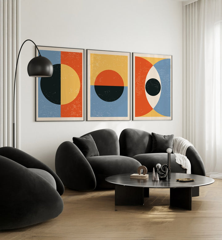 Transform your space with the MINIMAL ABSTRACT SHAPES SET, SET OF 3 PAINTINGS, perfect for modern interiors.