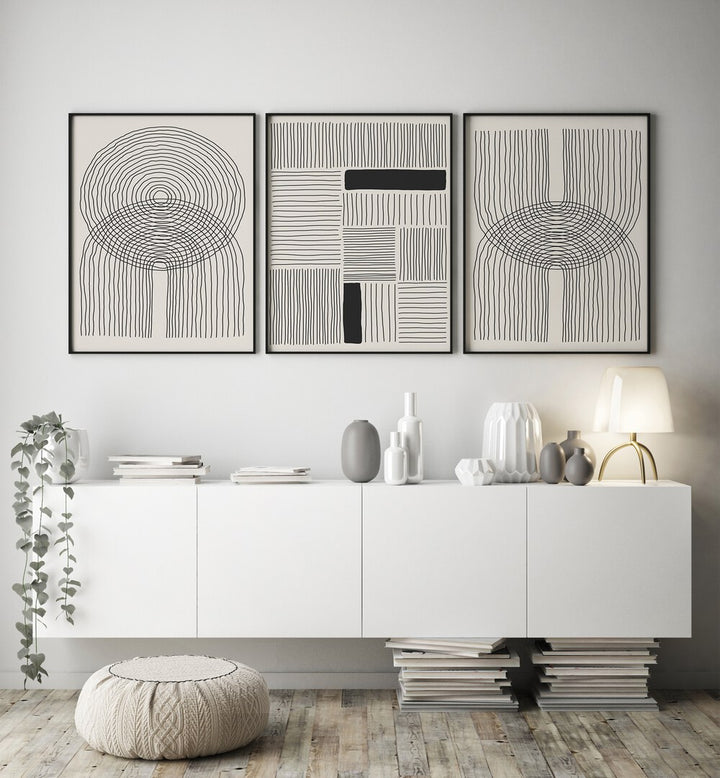 Transform your space with the MINIMALISM SHAPES AND LINES SET, SET OF 3 PAINTINGS showcasing modern design elegance.