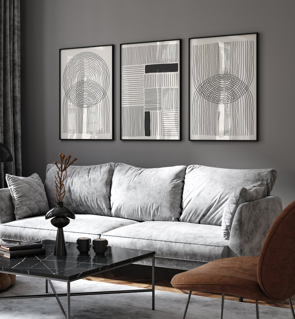 Elevate your decor with the MINIMALISM SHAPES AND LINES SET, SET OF 3 PAINTINGS, perfect for modern living spaces.