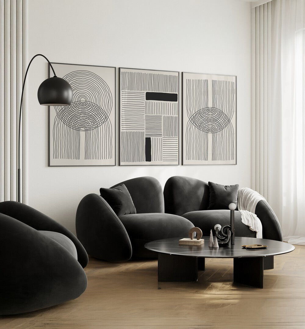 Elevate your decor with the MINIMALISM SHAPES AND LINES SET, SET OF 3 PAINTINGS, showcasing modern, elegant design.