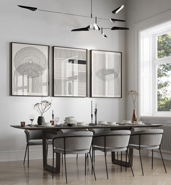 Elevate your decor with the MINIMALISM SHAPES AND LINES SET, SET OF 3 PAINTINGS, showcasing modern artistic simplicity.