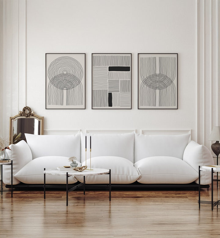 Stylish minimalist decor featuring the MINIMALISM SHAPES AND LINES SET, SET OF 3 PAINTINGS for modern interiors.