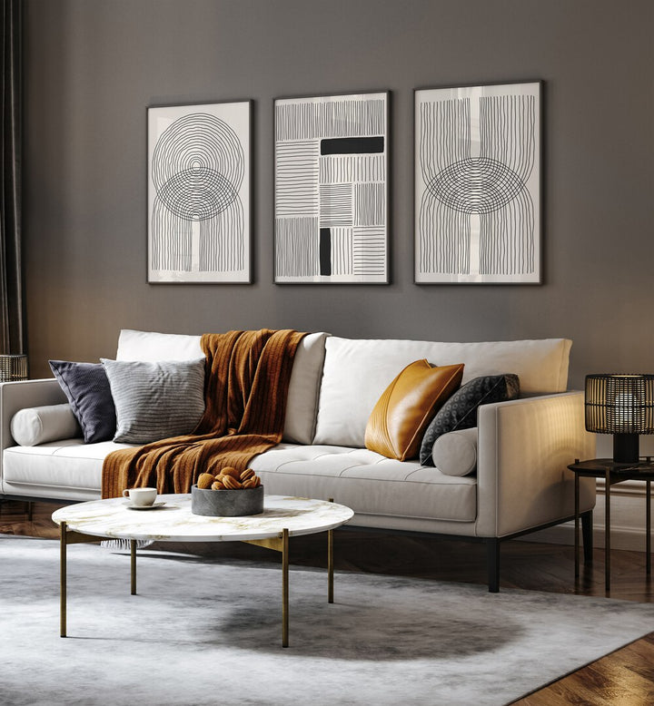 Transform your space with the MINIMALISM SHAPES AND LINES SET, SET OF 3 PAINTINGS featuring modern, sleek designs.