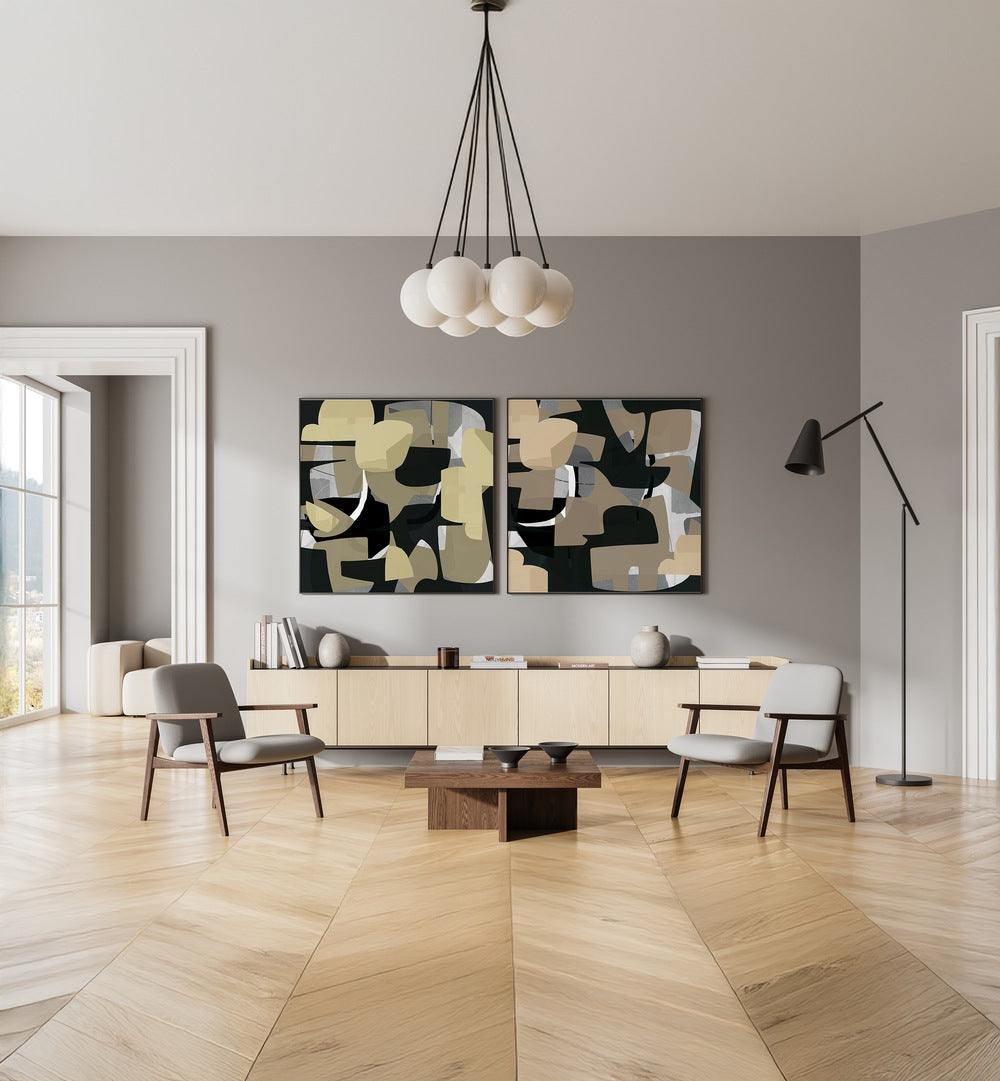 Stylish living room featuring the MINIMALIST CONTEMPORARY SET, SET OF 2 PAINTINGS, perfect for modern decor.