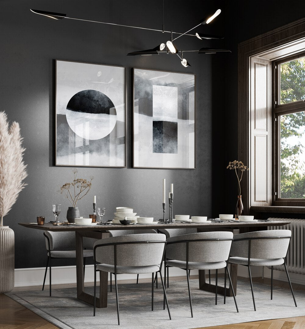 Stylish living room featuring the MINIMALIST GRAYSCALE HARMONY SET, SET OF 2 PAINTINGS for modern decor.