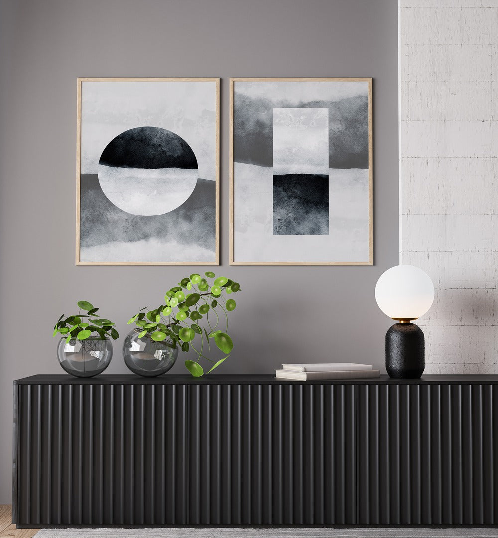 Enhance your decor with the MINIMALIST GRAYSCALE HARMONY SET, SET OF 2 PAINTINGS, perfect for modern living spaces.