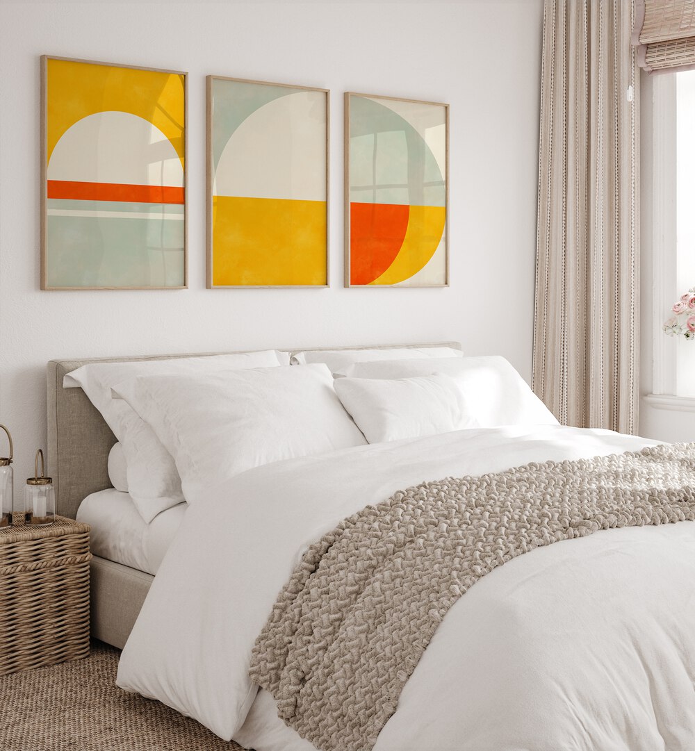 Elevate your decor with the MINIMALIST SUNSET SET, SET OF 3 PAINTINGS, featuring serene sunset-inspired art.