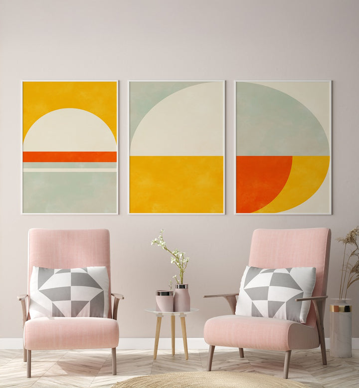Transform your space with the MINIMALIST SUNSET SET, SET OF 3 PAINTINGS, featuring serene sunset-inspired designs.