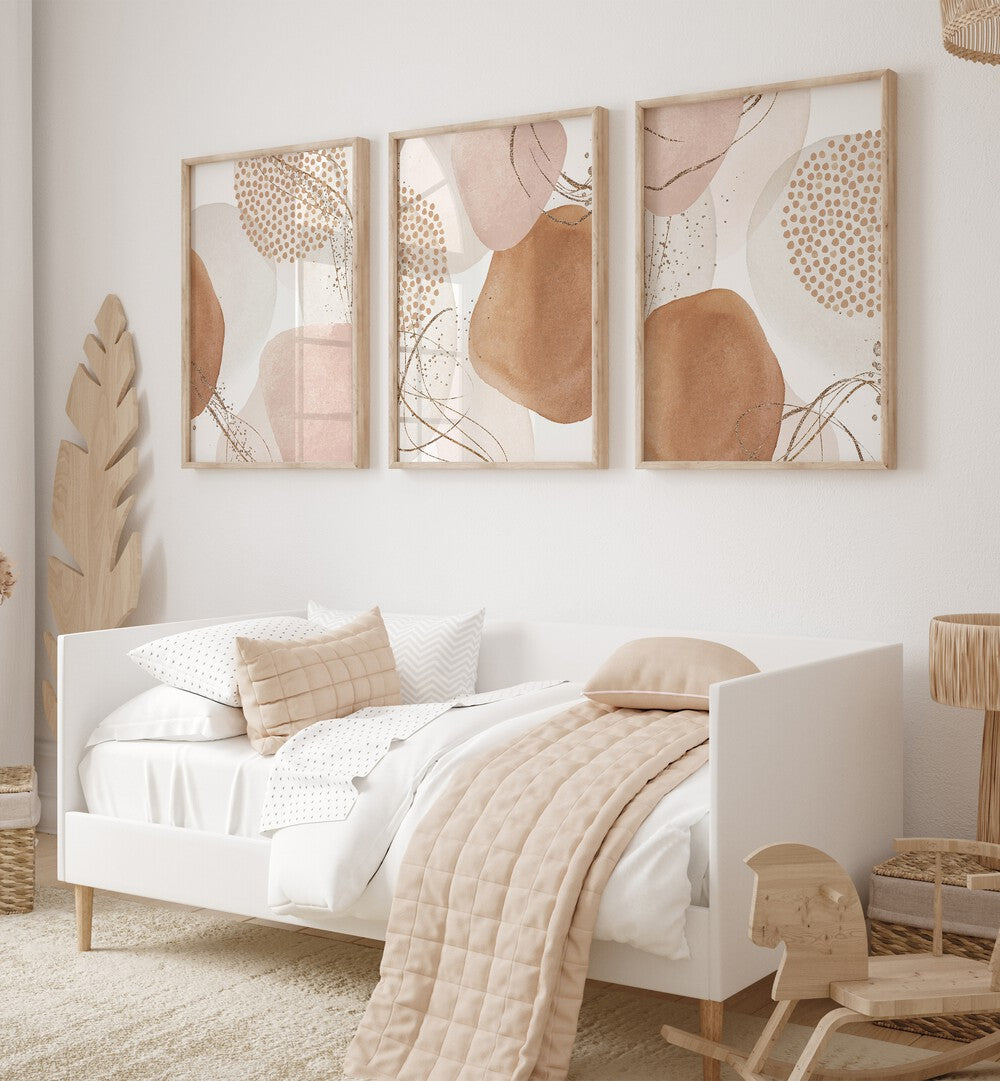 Enhance your space with the MINIMAL WARMTH SET, SET OF 3 PAINTINGS, featuring soft, tranquil colors for modern elegance.