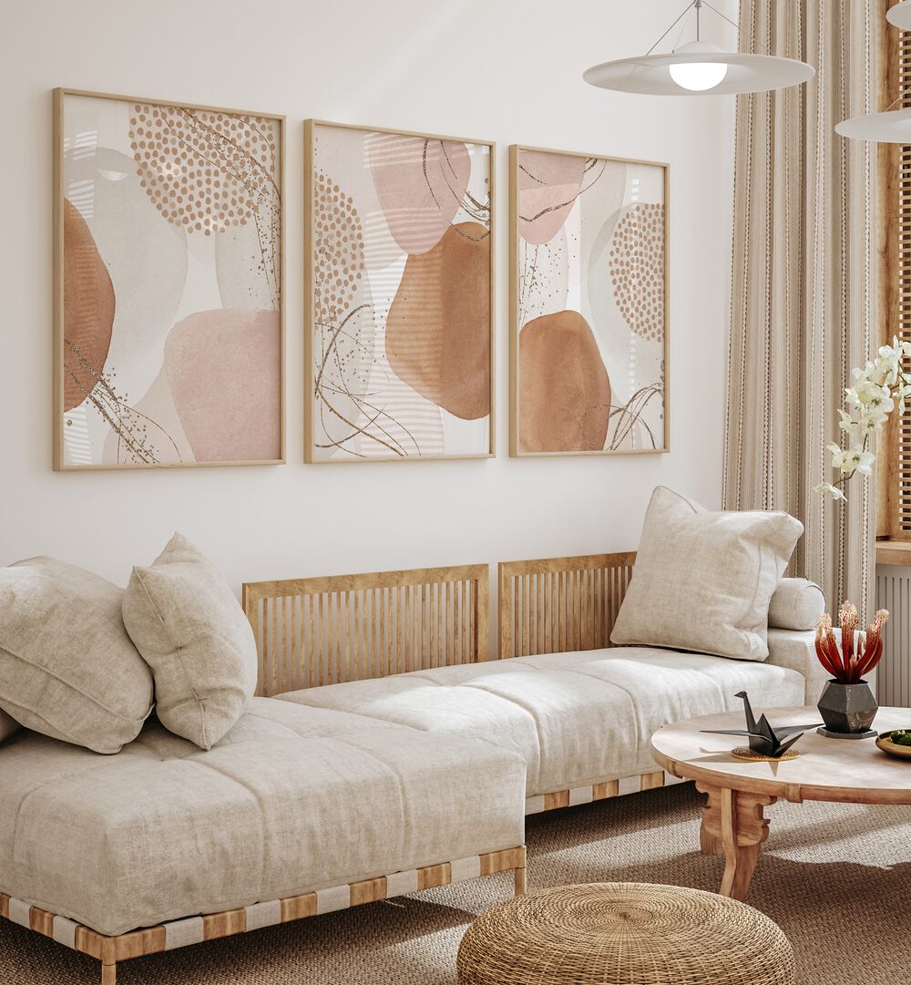 Transform your space with the MINIMAL WARMTH SET, SET OF 3 PAINTINGS showcasing soft, muted colors and modern elegance.