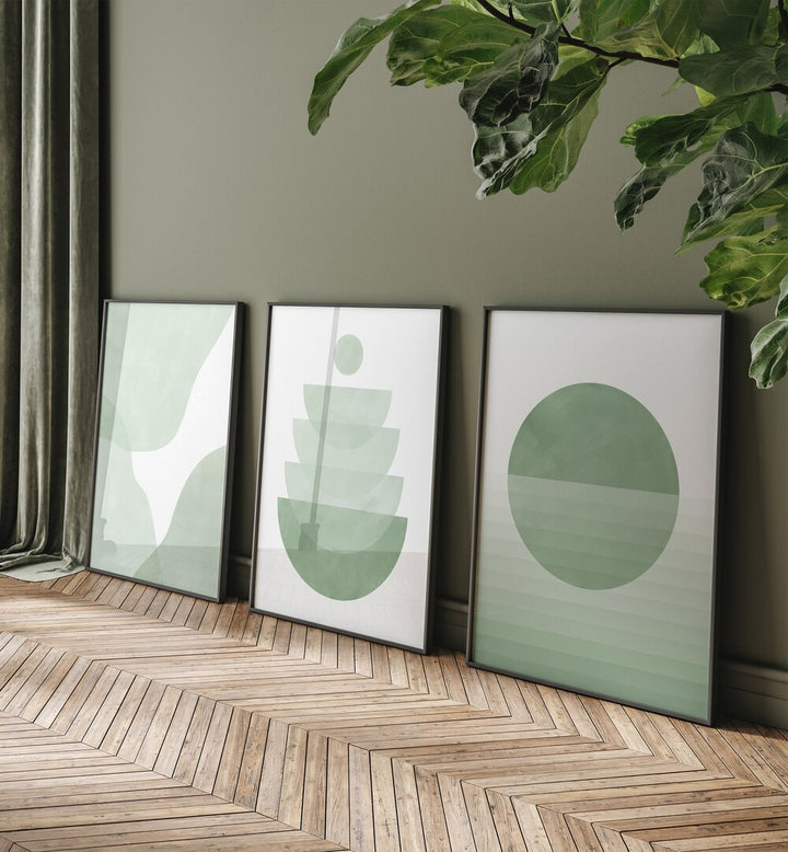 Transform your space with the MINT WHISPER SET, SET OF 3 PAINTINGS, featuring serene green tones and elegant designs.