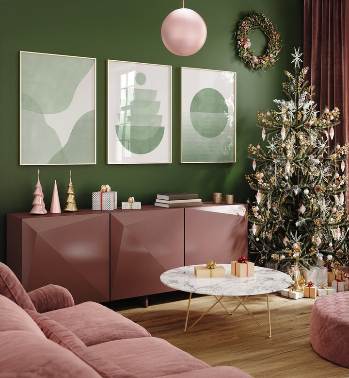 Stylish living room featuring the MINT WHISPER SET, SET OF 3 PAINTINGS, adding elegance and color to the decor.