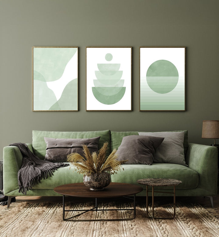 Transform your space with the MINT WHISPER SET, SET OF 3 PAINTINGS, showcasing serene green hues and modern design.