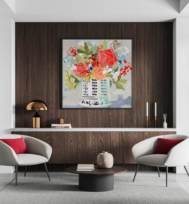 Colorful MIRANDA S BOUQUET, FLORAL FLOWER PAINTINGS adorn a modern living space, showcasing vibrant floral artistry.