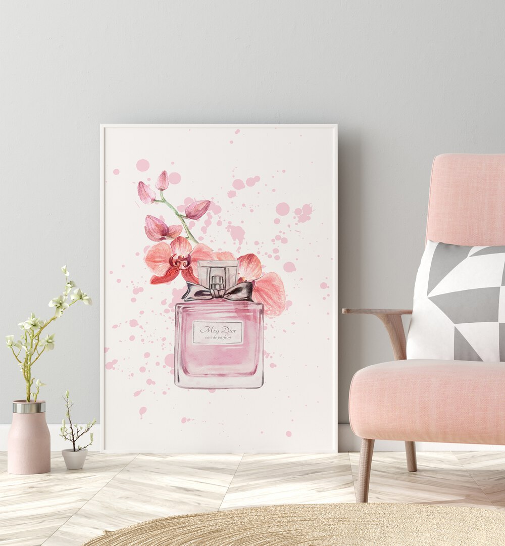 Miss Dior Perfume 1 Art Artwork in Gallery Wrap Artwork Placed on a wall In A Living Room
