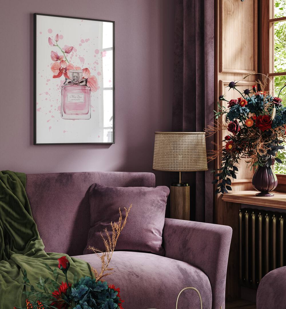 Miss Dior Perfume 1 Art Artwork in Gallery Wrap Artwork Placed on a wall In A Living Room