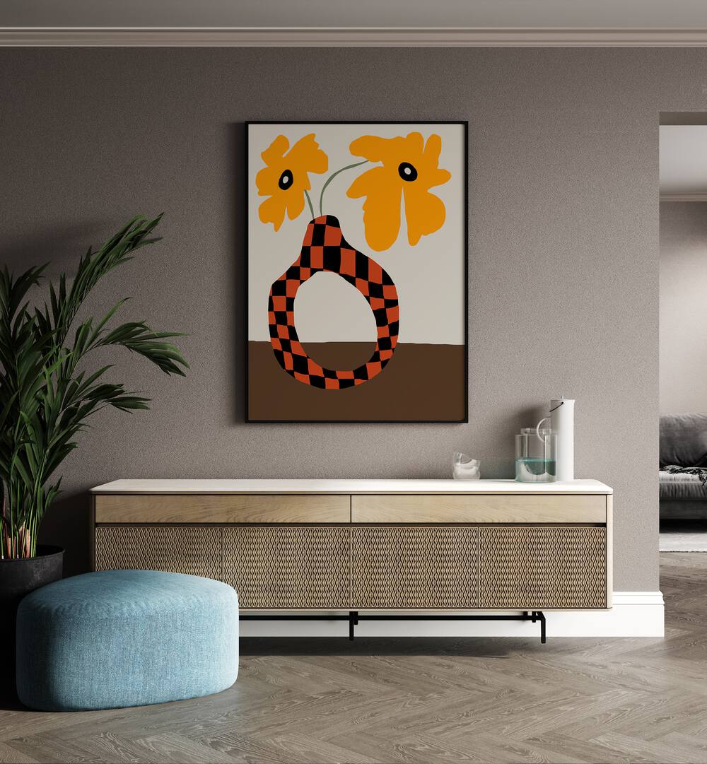 Modern Pottery And Flower, Botanical Art Paintings Artwork in Black Plain Frame
placed on a Beige Colored Wall
placed above a Console Table
in the Drawing Room