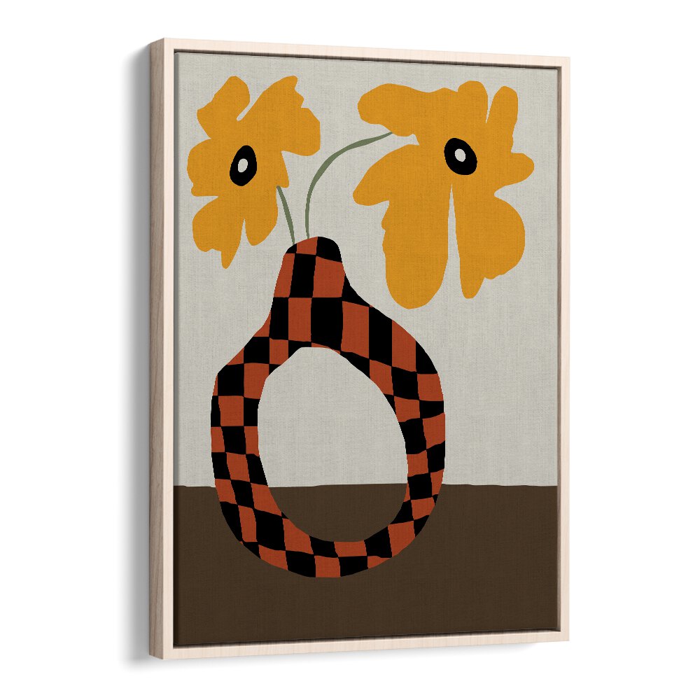 Modern Pottery And Flower, Botanical Art Paintings Artwork in Oak Wood Floater Frame