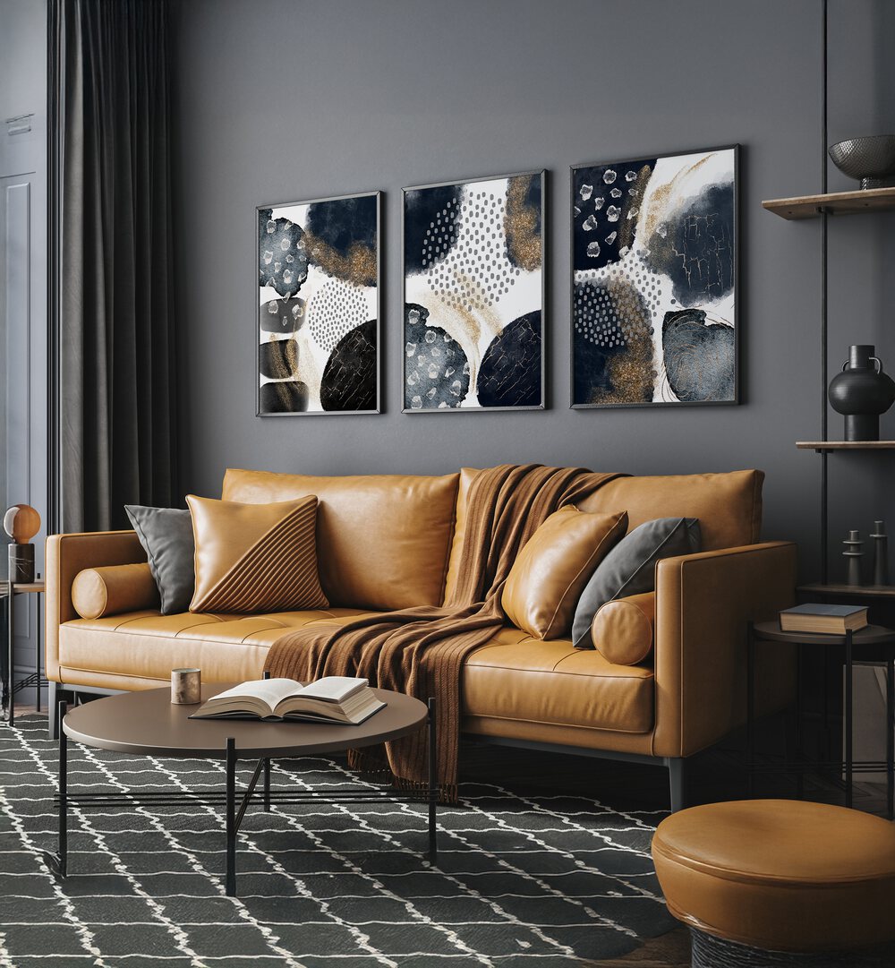 Sophisticated MODERN ABSTRACT BLACK AND GOLD SET, SET OF 3 PAINTINGS enhances any living space with elegance.