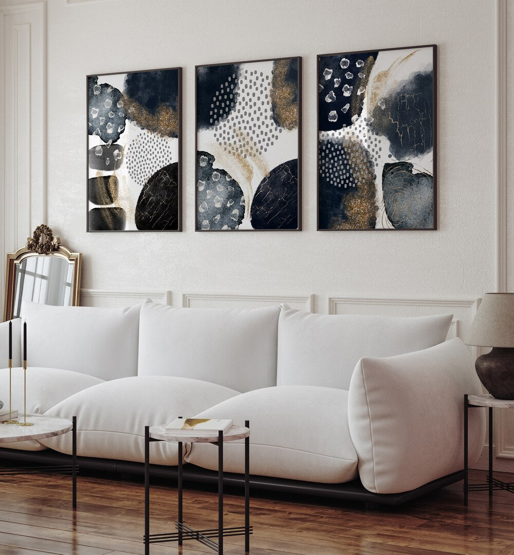 Elevate your decor with the MODERN ABSTRACT BLACK AND GOLD SET, SET OF 3 PAINTINGS—sophisticated wall art for any room.