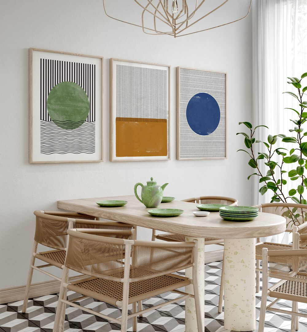 Elevate your space with the MODERN GEOMETRIC LINES AND SHAPES SET, SET OF 3 PAINTINGS showcasing striking patterns.