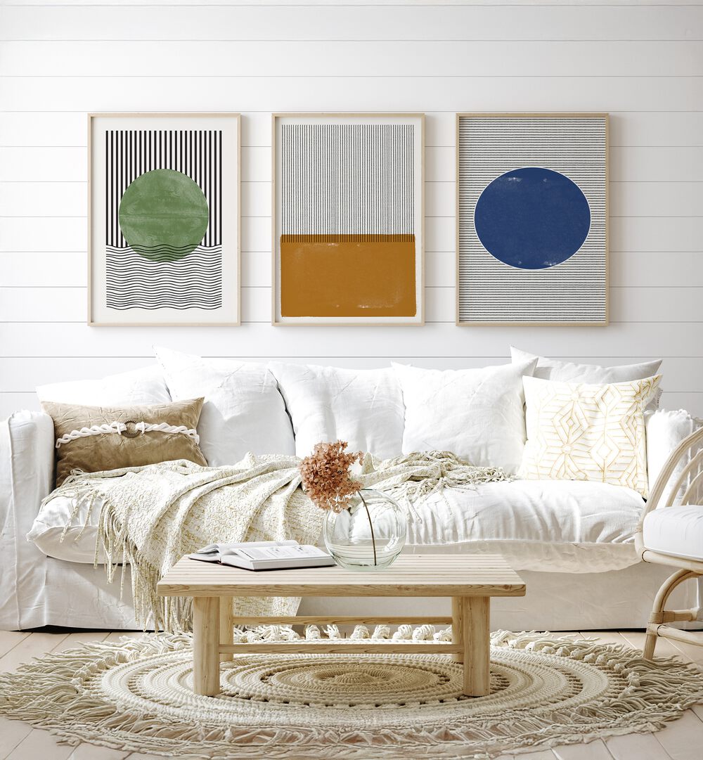 Enhance your decor with the MODERN GEOMETRIC LINES AND SHAPES SET , SET OF 3 PAINTINGS featuring vibrant patterns.