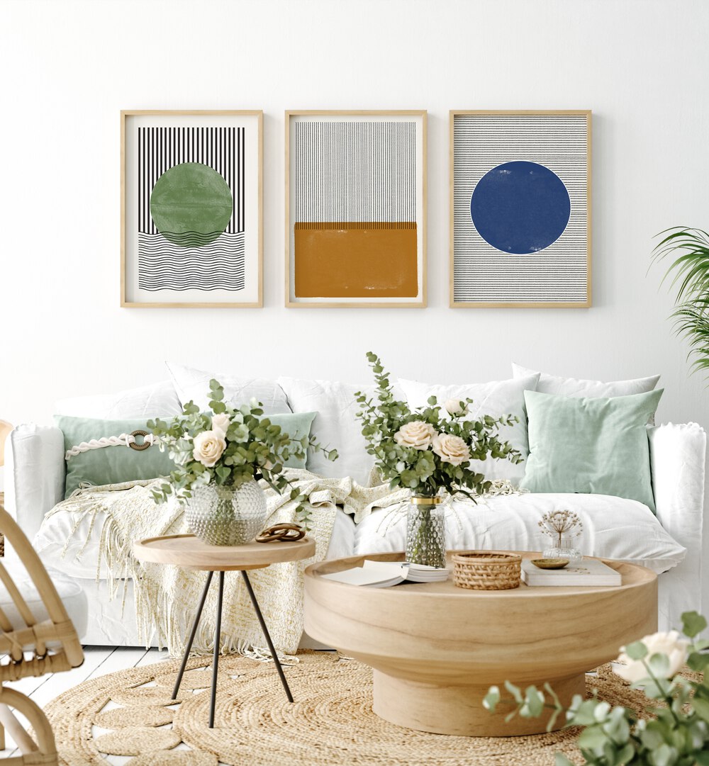 Modern geometric lines and shapes set, set of 3 paintings, add style to your living space with striking designs.