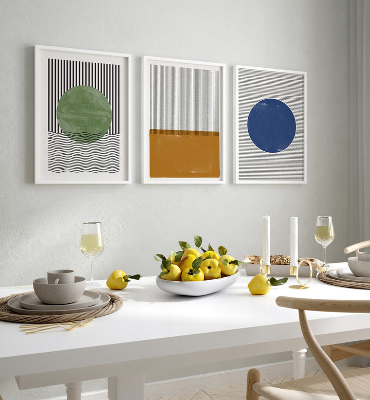 Transform your space with the MODERN GEOMETRIC LINES AND SHAPES SET, SET OF 3 PAINTINGS featuring striking designs.
